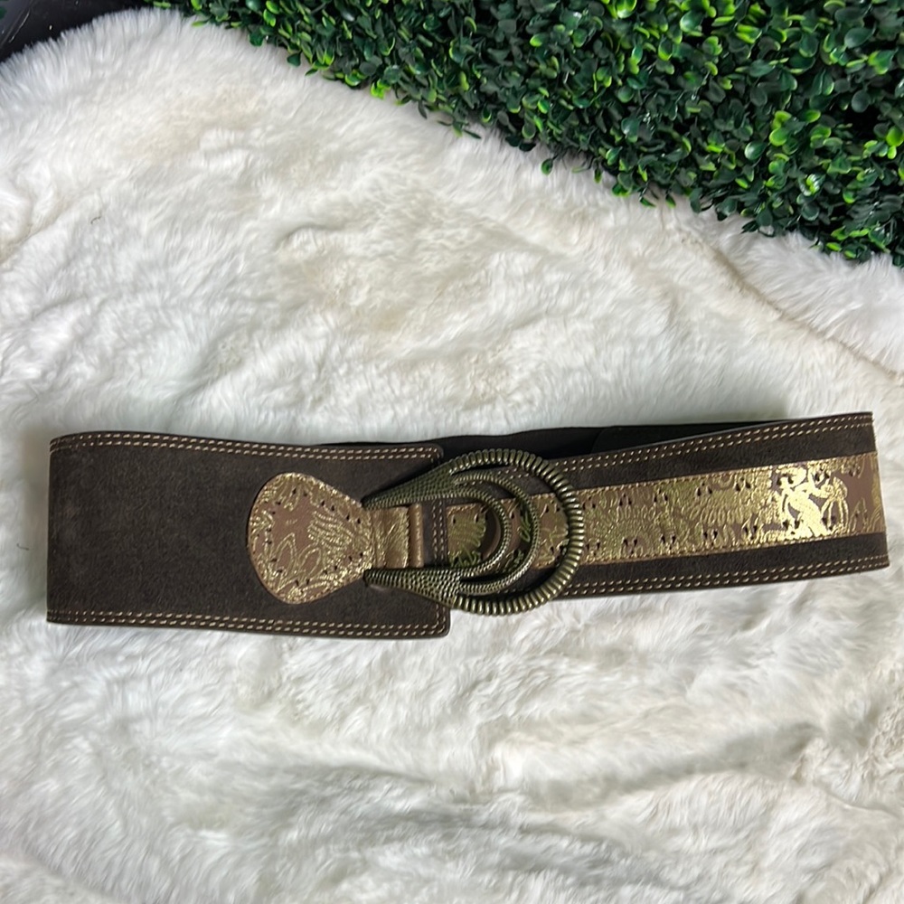Chico’s Wide Chocolate Brown Suede leather Belt Brass Buckle w/ gold accent Sz M